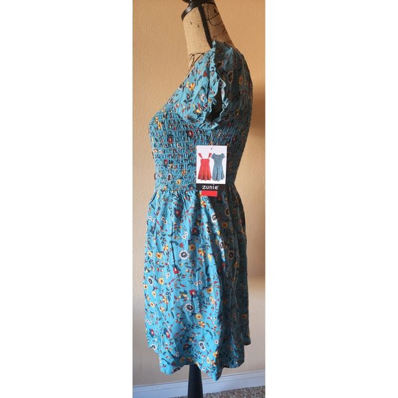 Zunie Girl's 10/12 Teal Floral Smocked Bodice Peasant Print Dress NEW - Picture 4 of 7
